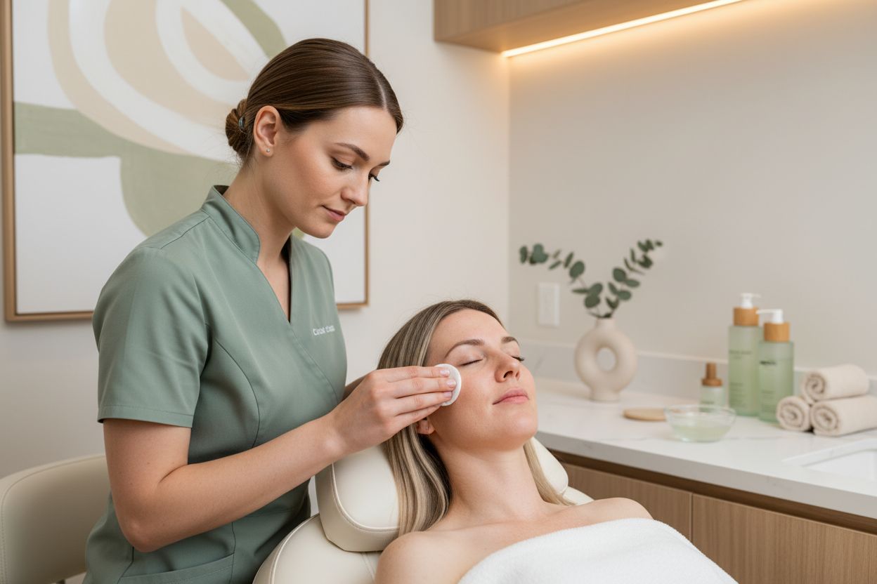 skincare professional applying toner