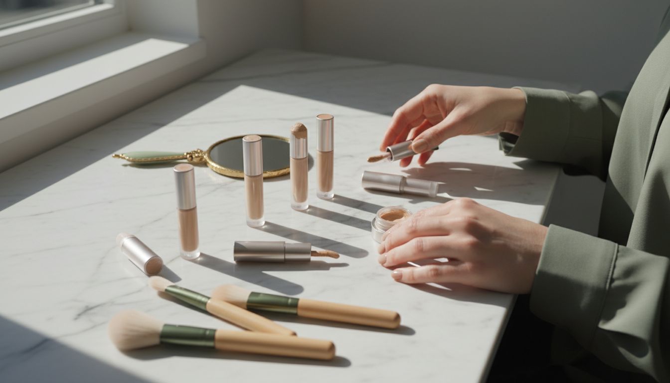Flat lay of assorted premium concealers and beauty tools