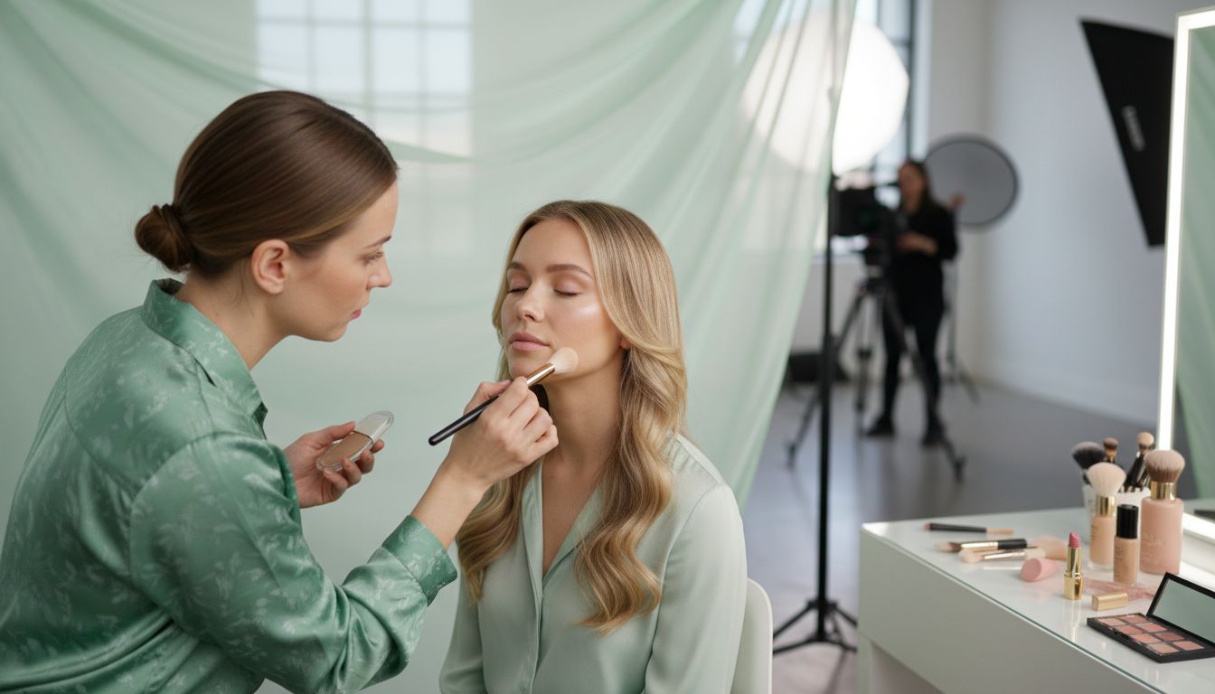 Makeup artist applying makeup for photoshoot
