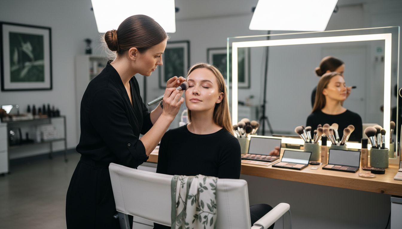 Makeup artist performing professional facial contouring
