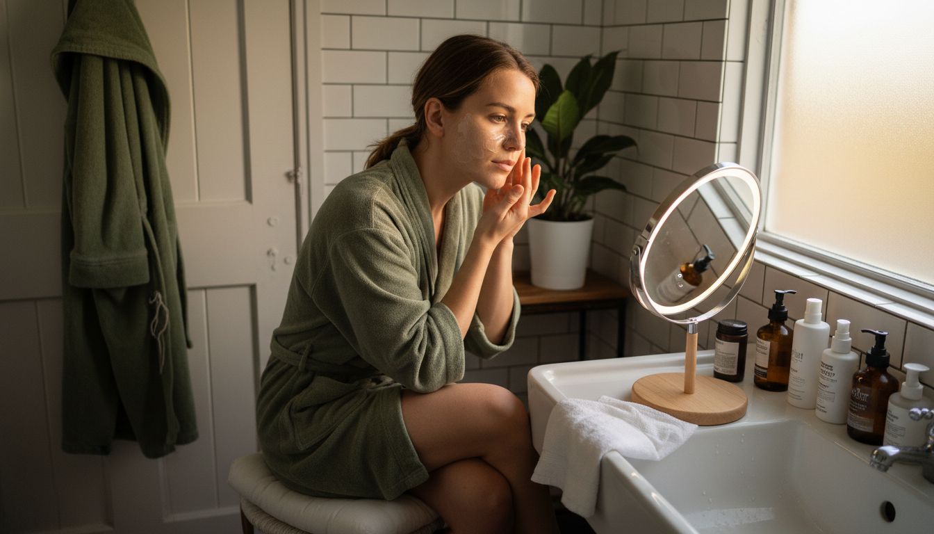 Woman at home applies facial peel mask