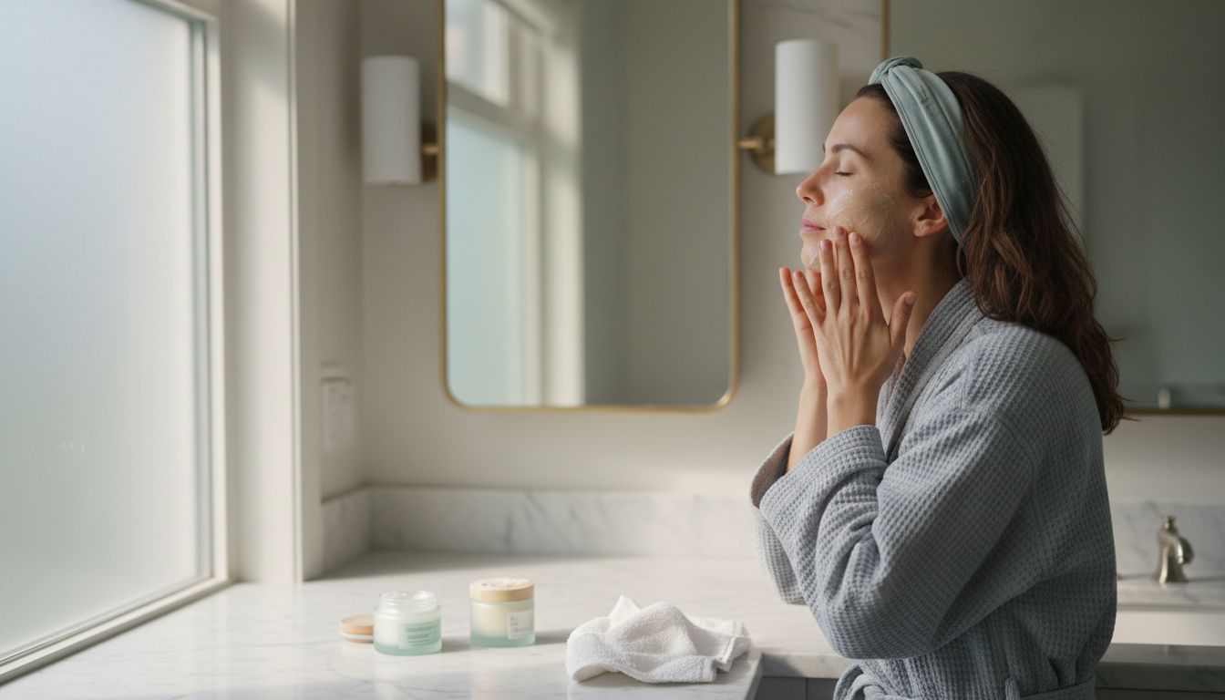 Woman applying cleansing balm at bathroom counter