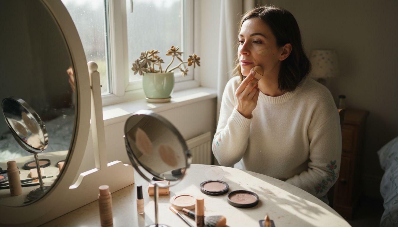 Woman applying makeup at marble vanity