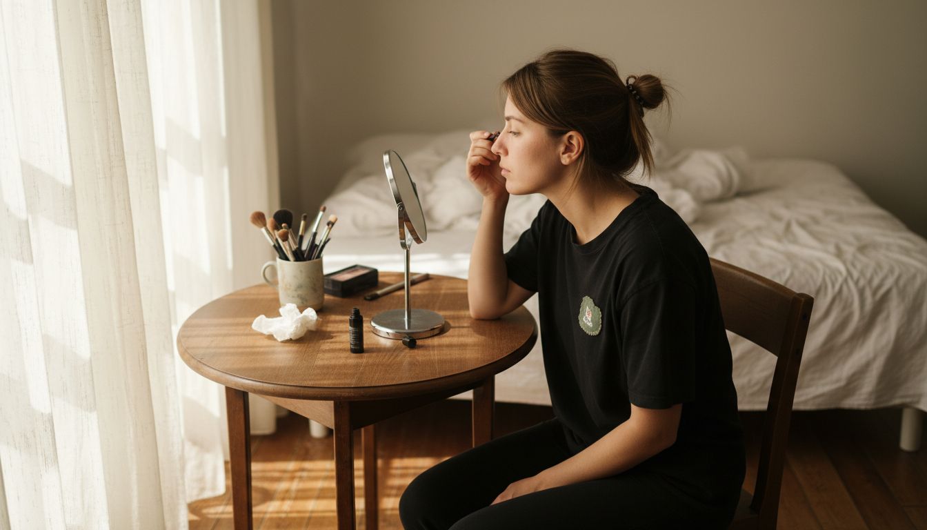Woman applying liquid eyeliner at vanity