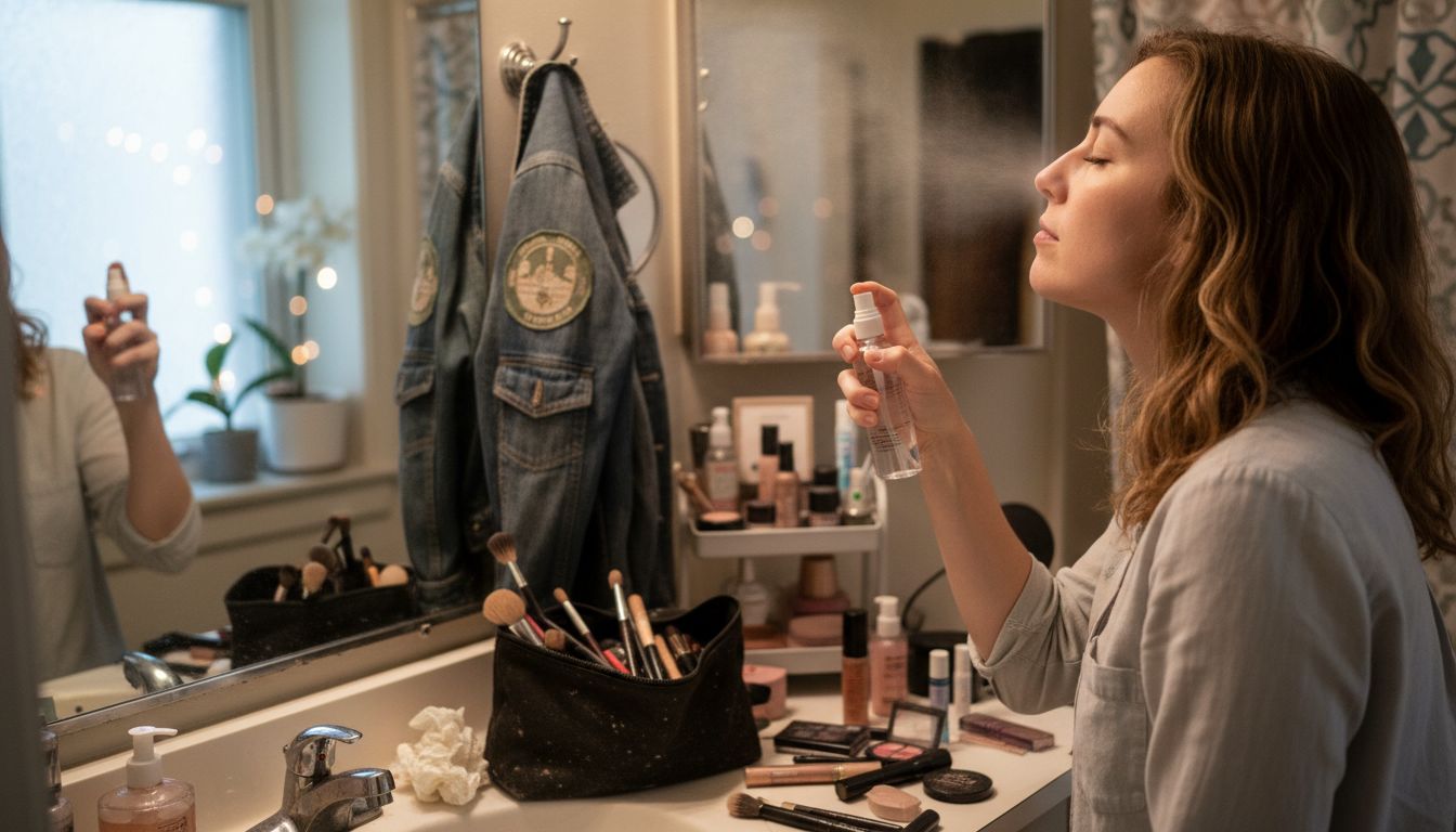 Makeup artist applies setting spray at bathroom sink