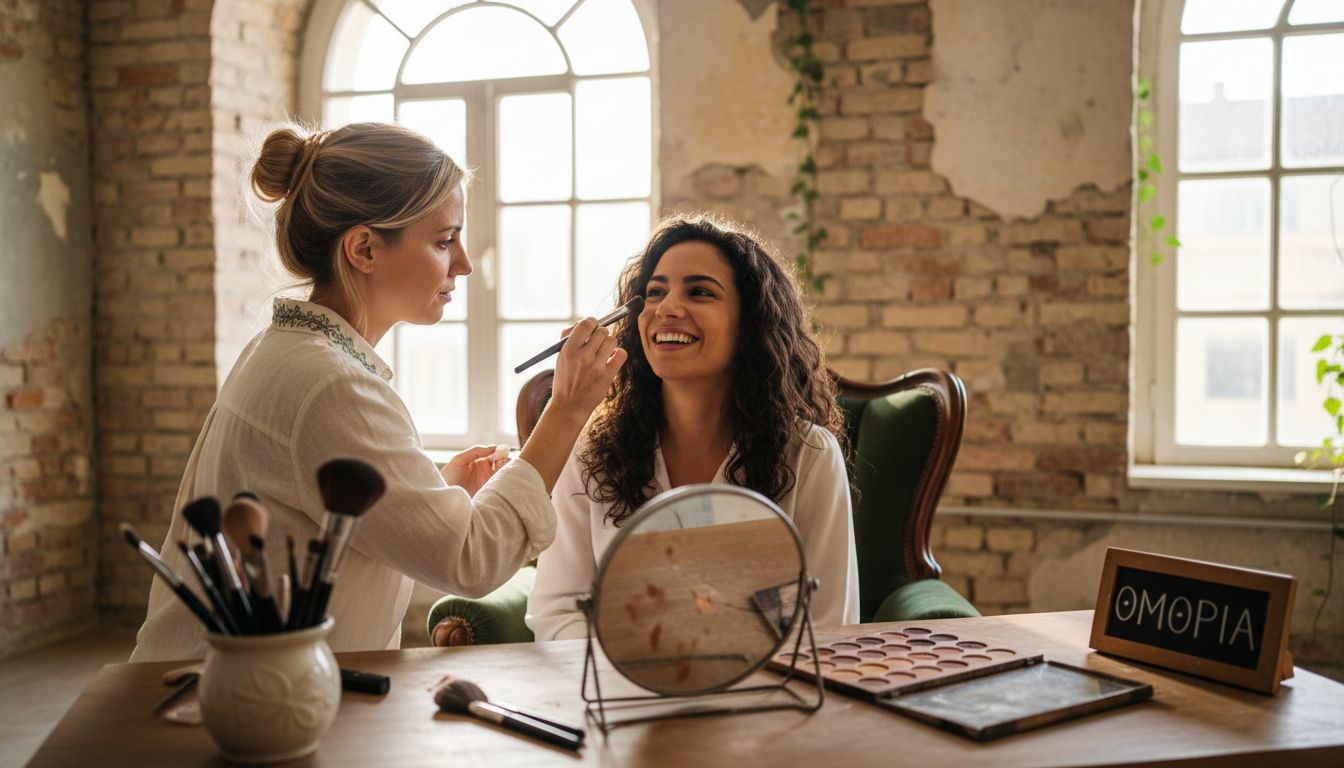 Η makeup artist απλώνει το foundation σε ένα φωτεινό, ηλιόλουστο στούντιο.