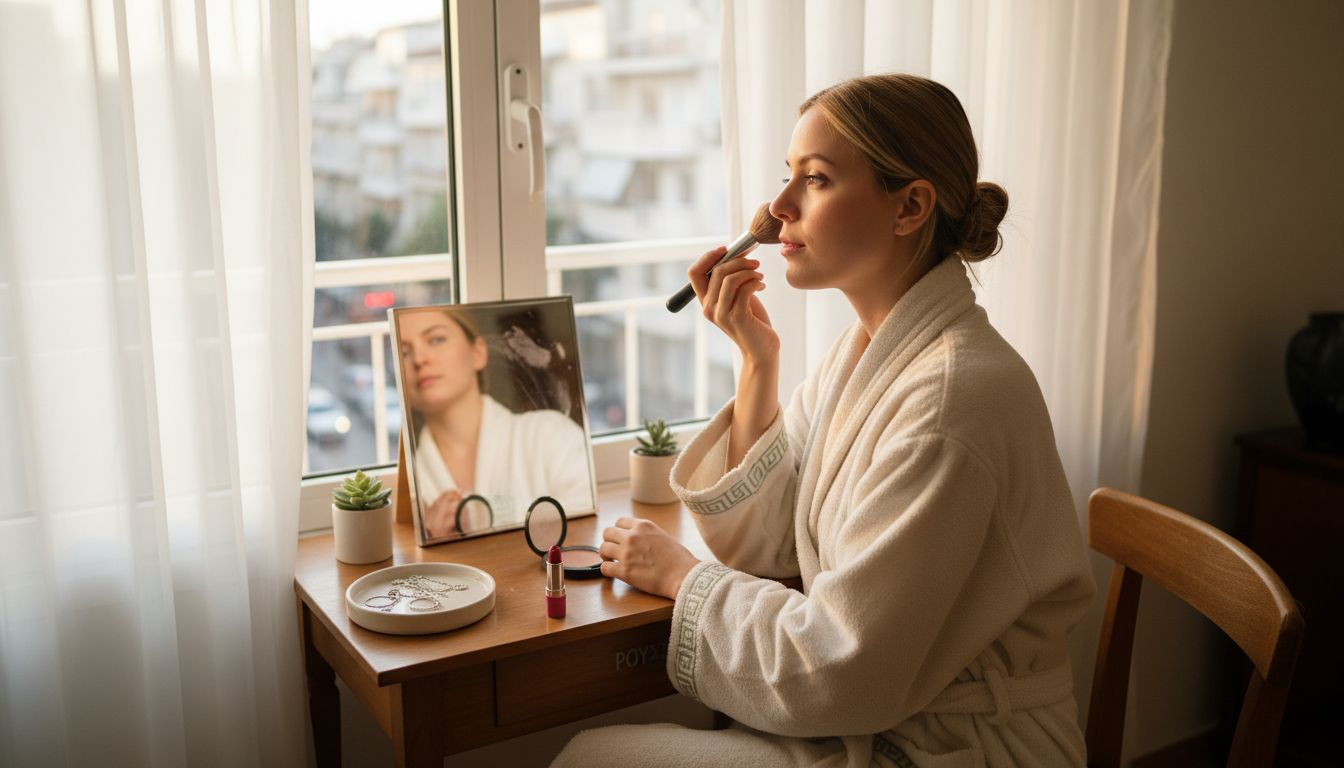 Μια γυναίκα περιποιείται το πρόσωπό της με ρουζ μπροστά στον καθρέφτη της, λουσμένη στο φως του ήλιου.