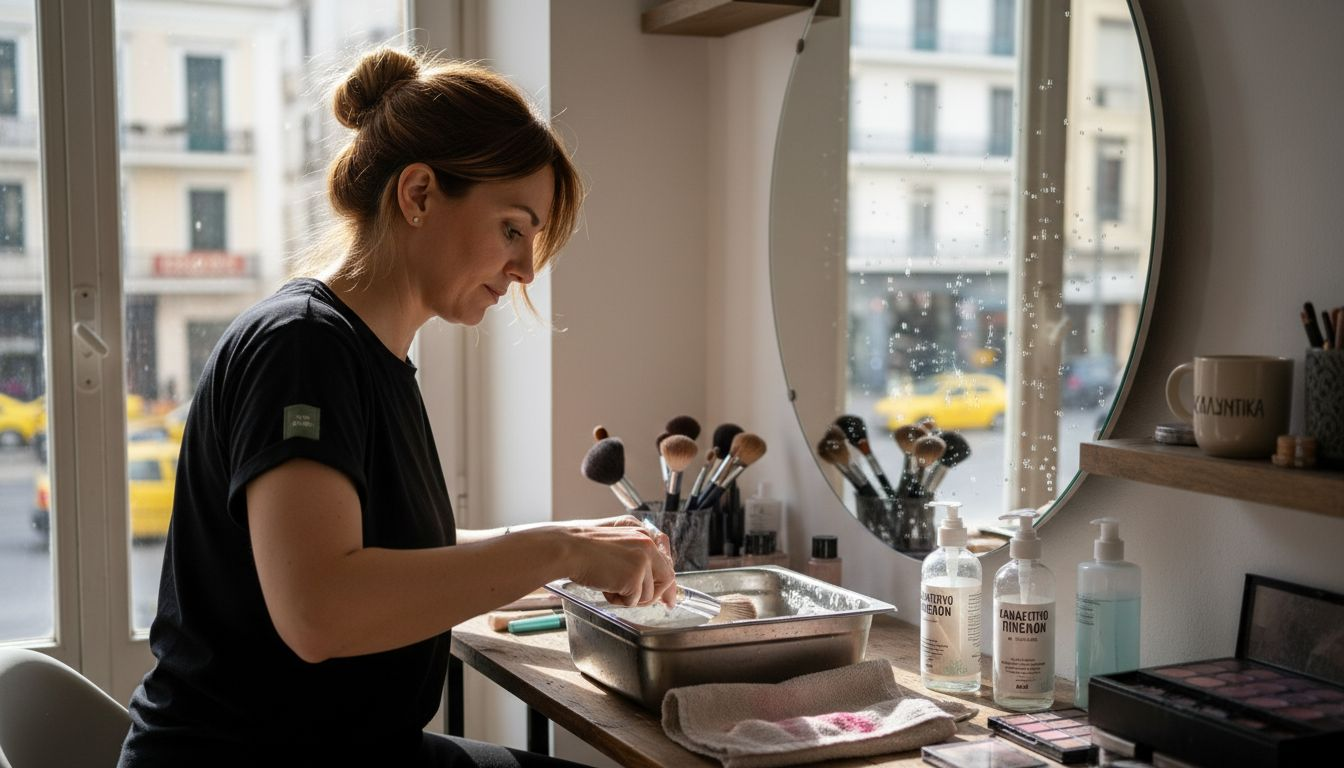 Η makeup artist καθαρίζει τα πινέλα και τα εργαλεία της μπροστά στον καθρέφτη της τουαλέτας της, φροντίζοντας να είναι πάντα έτοιμα για την επόμενη δημιουργία.