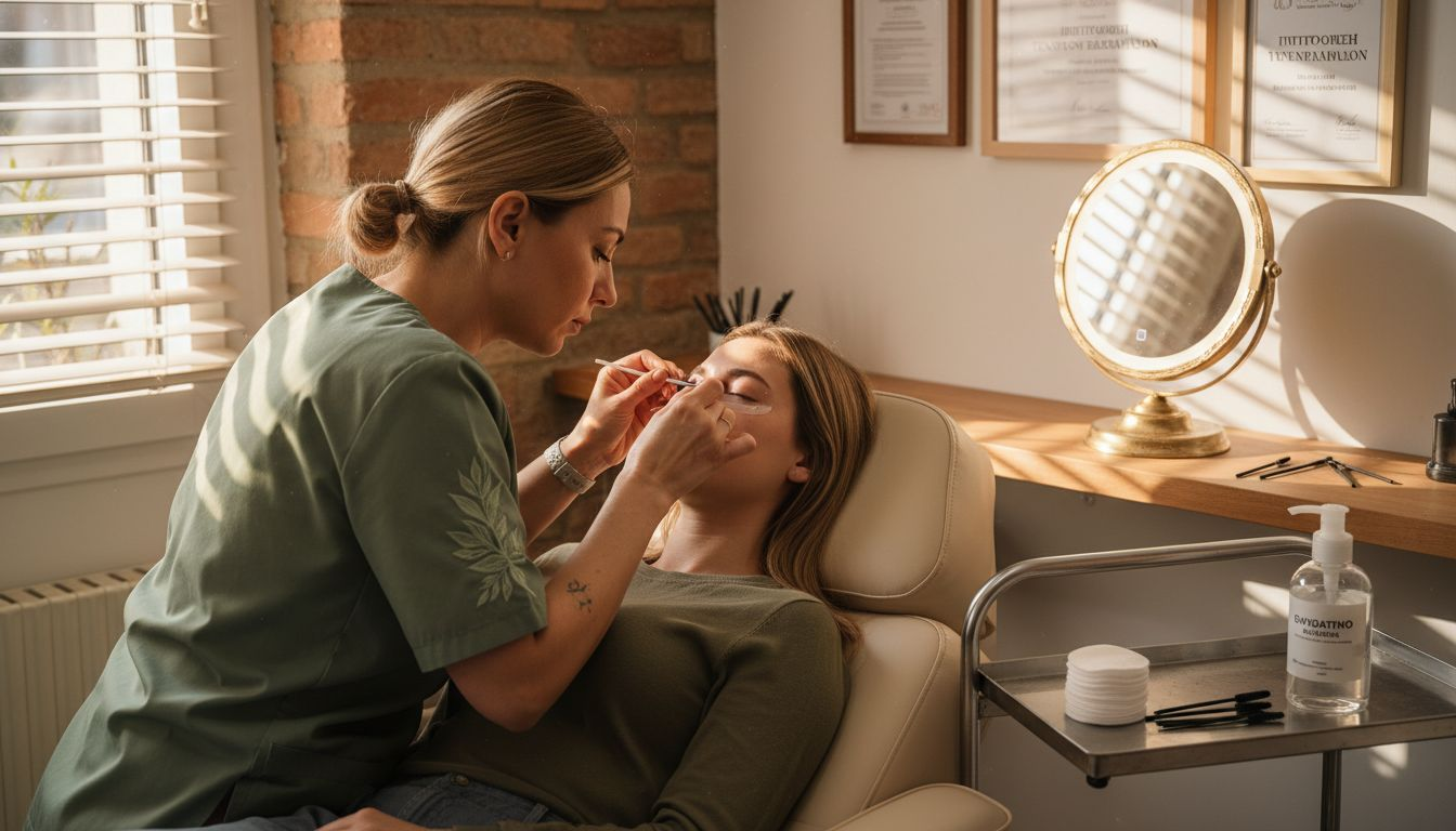 Επαγγελματίας αισθητικός εφαρμόζει lash lift σε πελάτισσα σε εξειδικευμένο χώρο ομορφιάς.