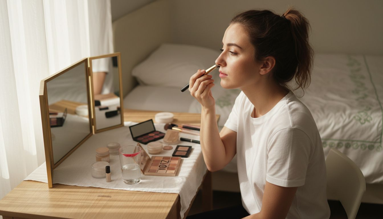 Μια γυναίκα βάζει highlighter μπροστά στον καθρέφτη του υπνοδωματίου της, προσθέτοντας λάμψη στο πρόσωπό της πριν ξεκινήσει τη μέρα.