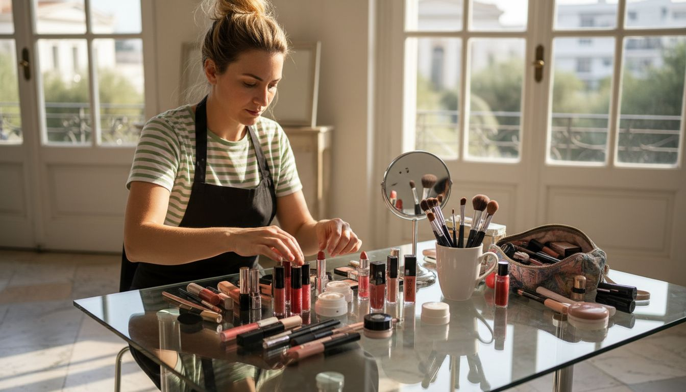 Μια makeup artist τακτοποιεί τα κραγιόν και τα lip gloss της, φροντίζοντας κάθε προϊόν να έχει τη θέση του στον πάγκο εργασίας της.
