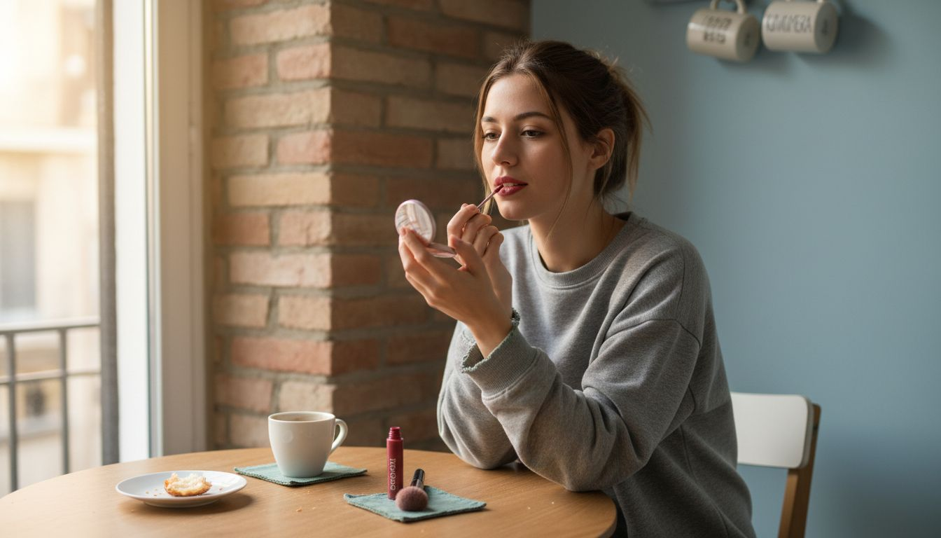 Μια γυναίκα βάζει lip stain στα χείλη της, χαλαρώνοντας σε μια καθημερινή στιγμή.