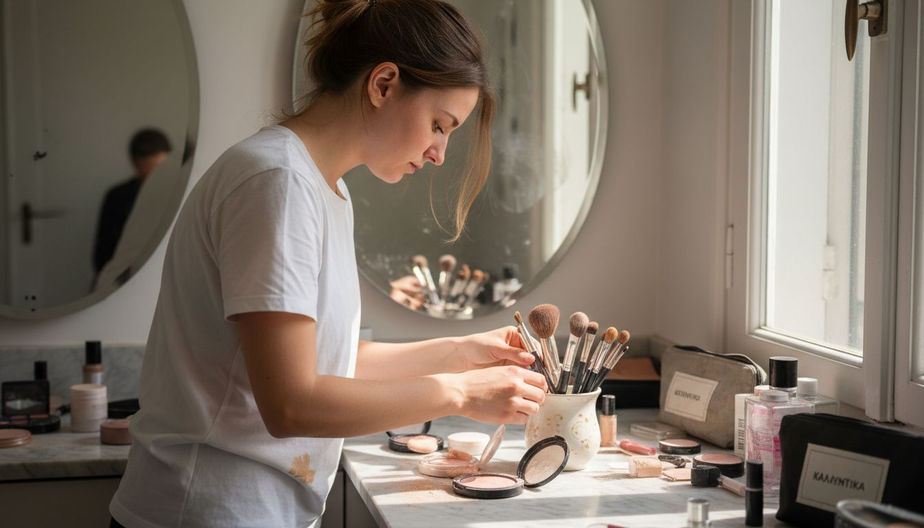 Μια makeup artist τακτοποιεί προσεκτικά τα πινέλα της στον μπουντουάρ, ώστε να είναι όλα στη θέση τους πριν ξεκινήσει τη δουλειά της.