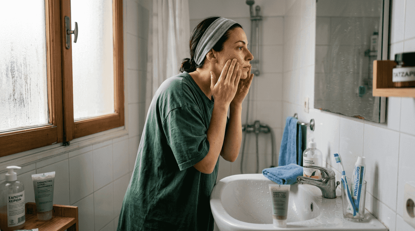 Μια γυναίκα καθαρίζει το πρόσωπό της με peeling μπροστά στον νιπτήρα του μπάνιου.