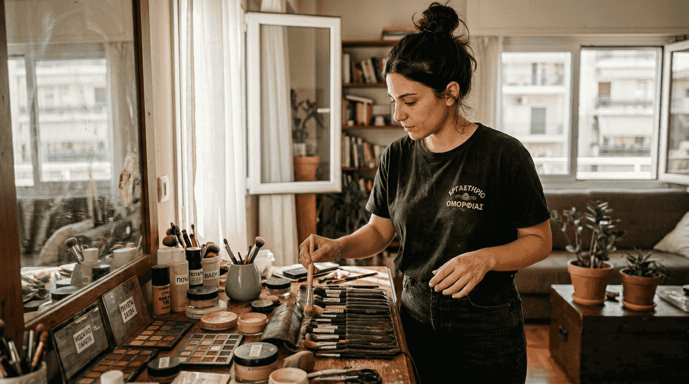 Η make up artist διαλέγει το κατάλληλο πινέλο στο σπίτι της για το μακιγιάζ.