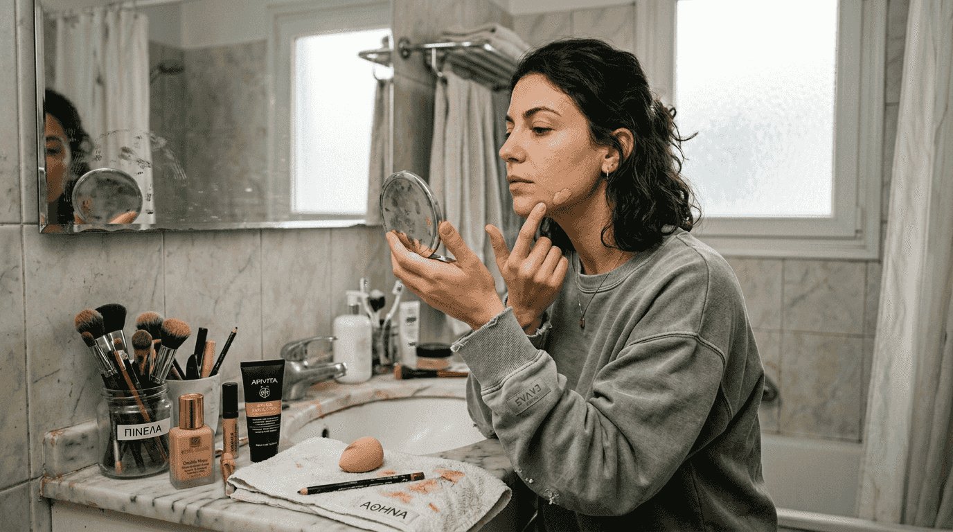 Μια γυναίκα δοκιμάζει το χρώμα του makeup στο πλάι του προσώπου της, κοντά στη γνάθο, για να δει αν ταιριάζει με την επιδερμίδα της.