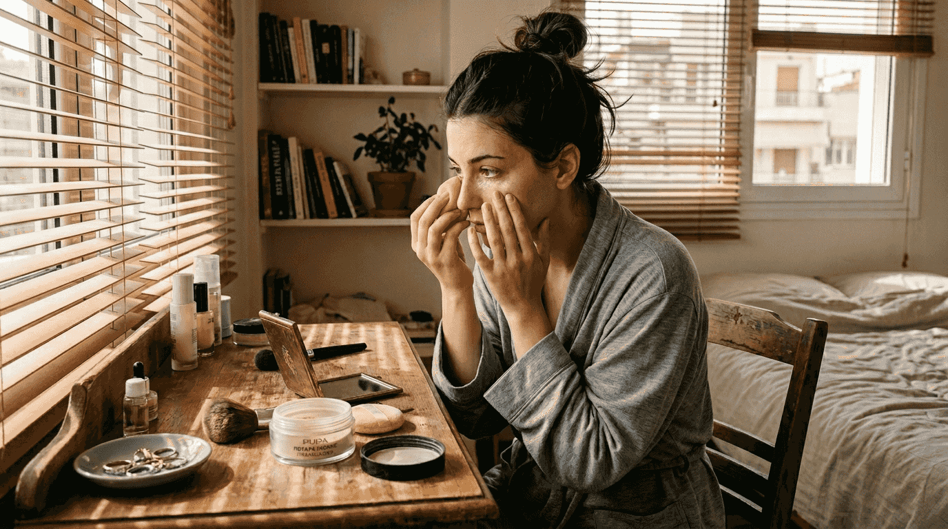 Μια γυναίκα απλώνει πούδρα baking στο πρόσωπό της για να σταθεροποιήσει το μακιγιάζ της.