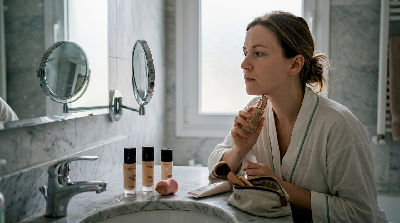 Γυναίκα δοκιμάζει διάφορες αποχρώσεις make up στο περίγραμμα του προσώπου της για να βρει ποια της ταιριάζει καλύτερα.