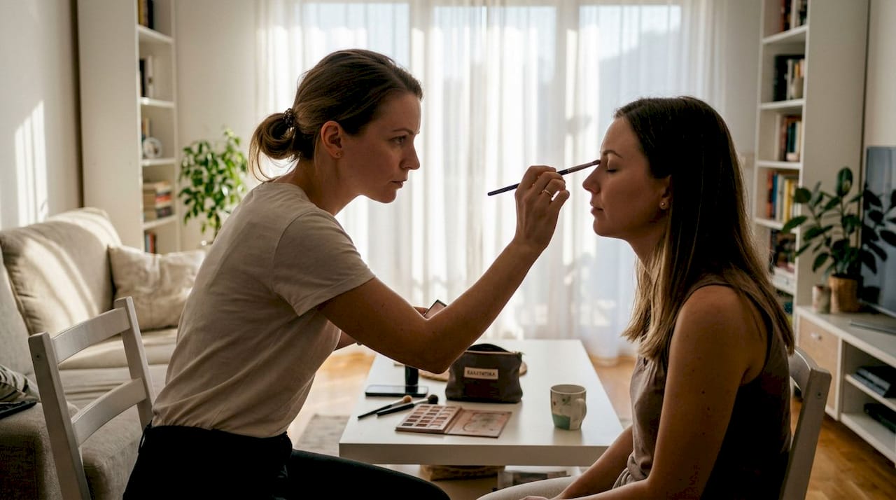 Μια makeup artist δημιουργεί εντυπωσιακό smoky eye look, απολαμβάνοντας τη ζεστασιά ενός άνετου δωματίου.