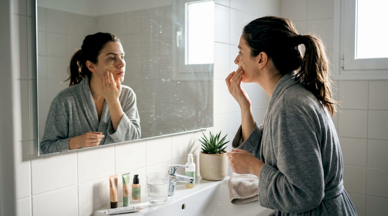 Μια γυναίκα απλώνει make up χωρίς λιπαρότητα στο πρόσωπό της, απολαμβάνοντας το φυσικό φως του μπάνιου.