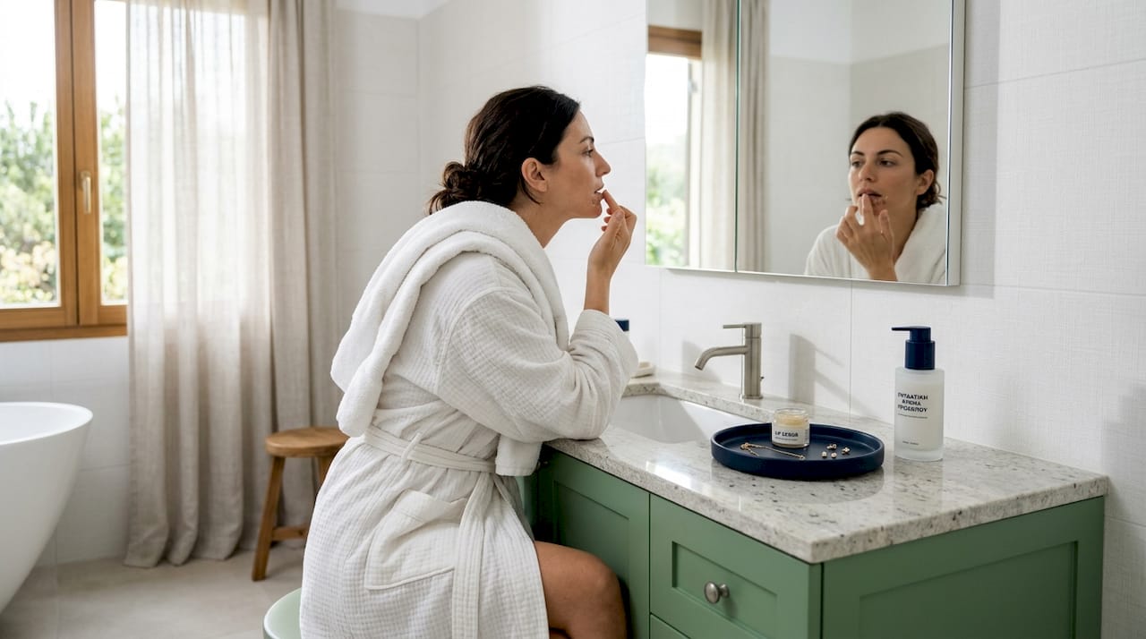 Μια γυναίκα περιποιείται τα χείλη της με scrub μπροστά στον καθρέφτη της, στο σπίτι της.
