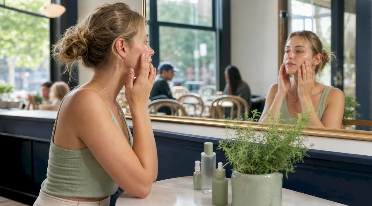 Γυναίκα απλώνει serum στο πρόσωπό της για λαμπερή και υγιή επιδερμίδα.