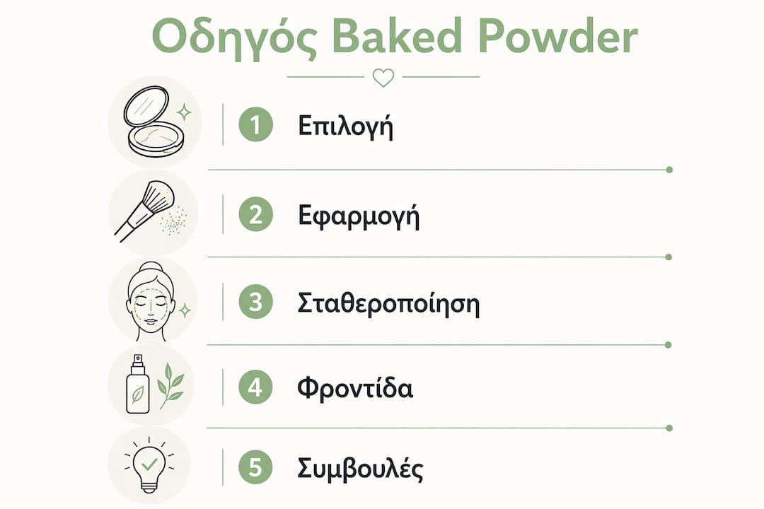 Εικονογραφημένος οδηγός με βήματα για σωστή εφαρμογή και φροντίδα του baked πούδρας μακιγιάζ