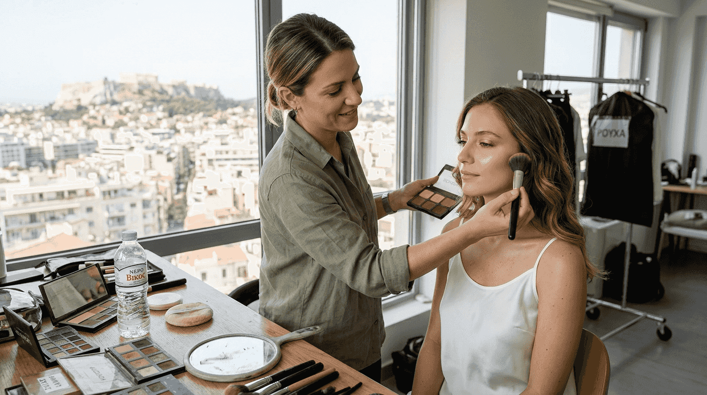 Η makeup artist δημιουργεί ένα διακριτικό και λαμπερό μακιγιάζ, που αναδεικνύει τη φυσική ομορφιά του προσώπου.