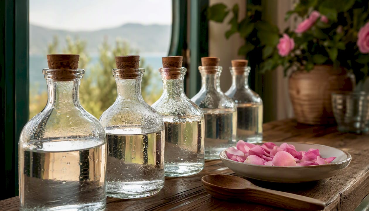 Μπουκαλάκια με ροδόνερο σε πρώτο πλάνο, διακοσμημένα με ροδοπέταλα