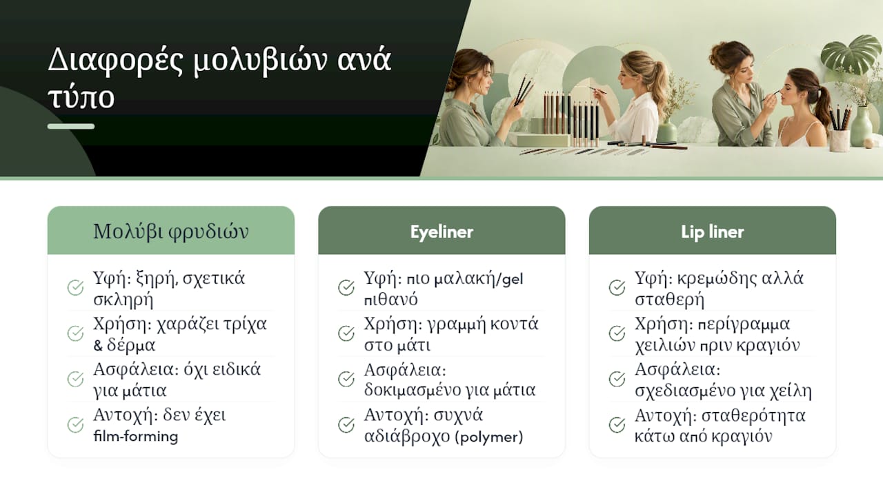 Σύγκριση μολυβιών για φρύδια, μάτια και χείλη