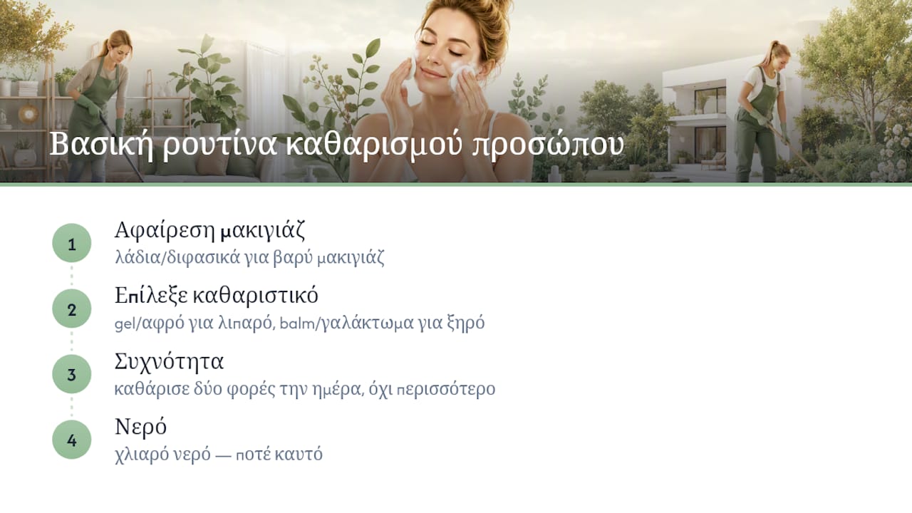 Διάγραμμα με τη ρουτίνα καθαρισμού προσώπου και τους τύπους καθαριστικών