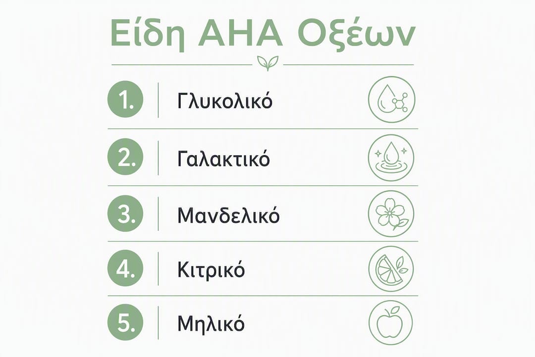 Εικονογράφηση με τα διαφορετικά είδη AHA οξέων που χρησιμοποιούνται στην περιποίηση της επιδερμίδας, με αναλυτική παρουσίαση των σταδίων εφαρμογής.