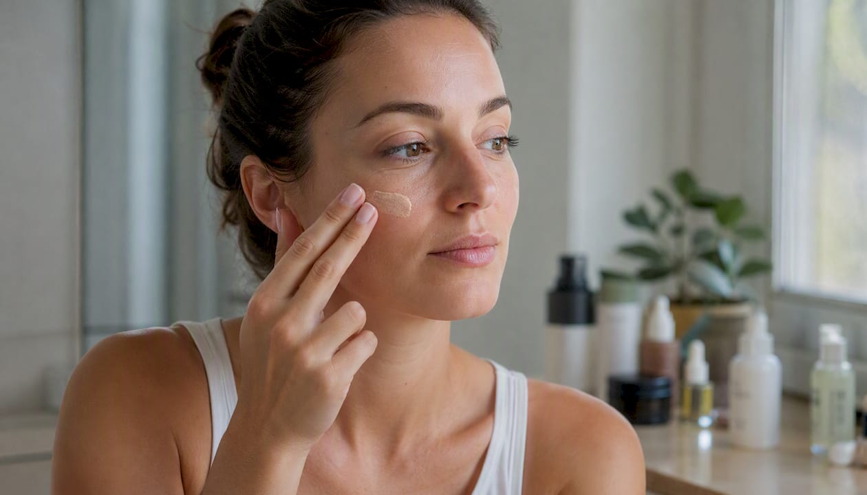 Γυναίκα απλώνει BB cream στο πρόσωπό της