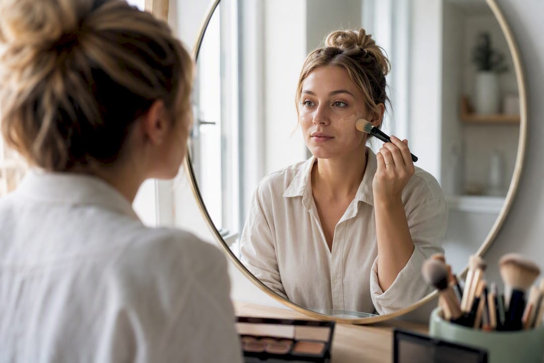 Γυναίκα που απλώνει make-up με σφουγγαράκι