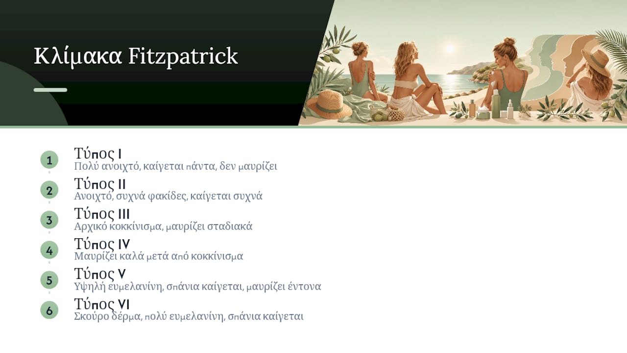 Διάγραμμα που συγκρίνει τους τύπους δέρματος Fitzpatrick και την ευαισθησία στον ήλιο