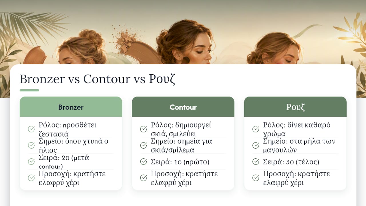 Σύγκριση ανάμεσα σε bronzer, contour και ρουζ