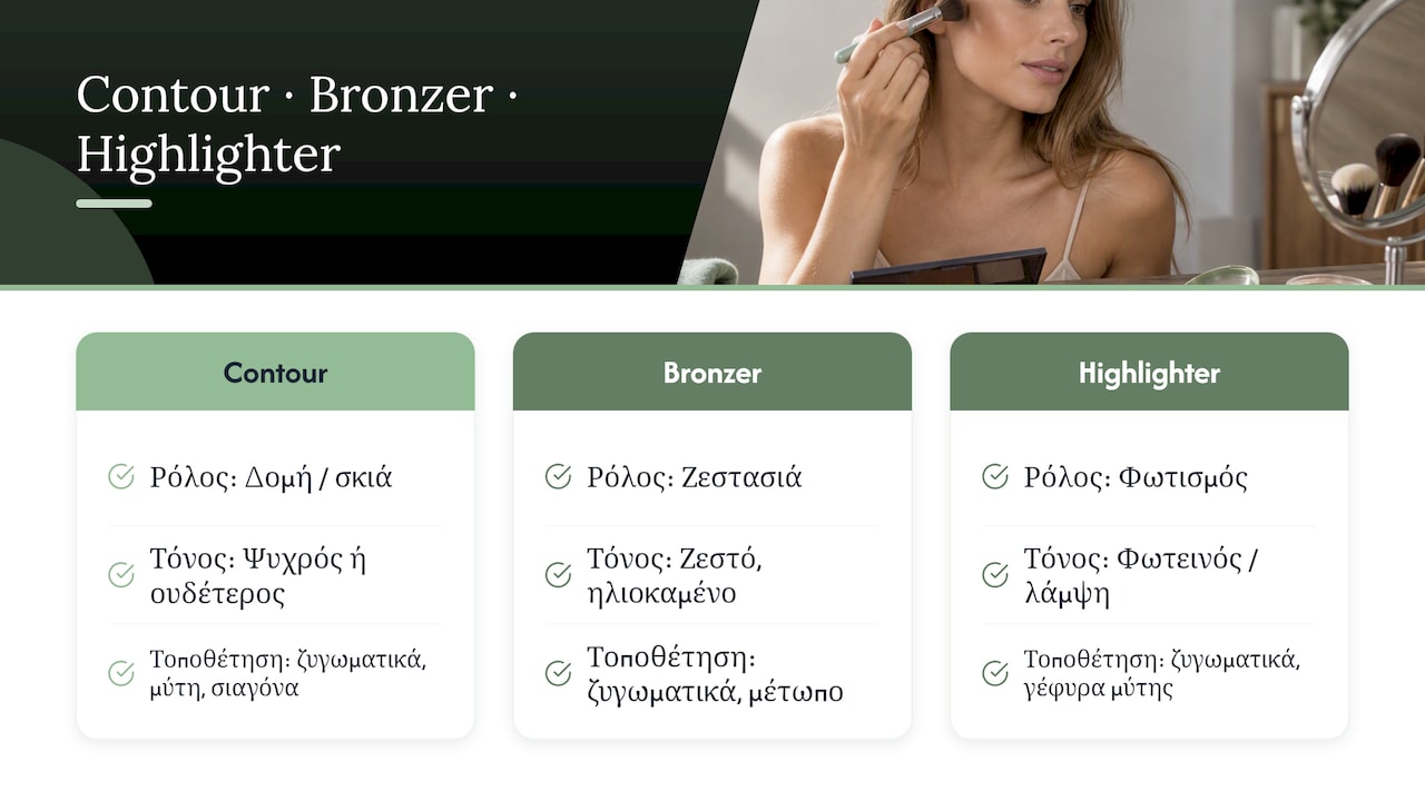 Σύγκριση ανάμεσα σε contour, bronzer και highlighter.