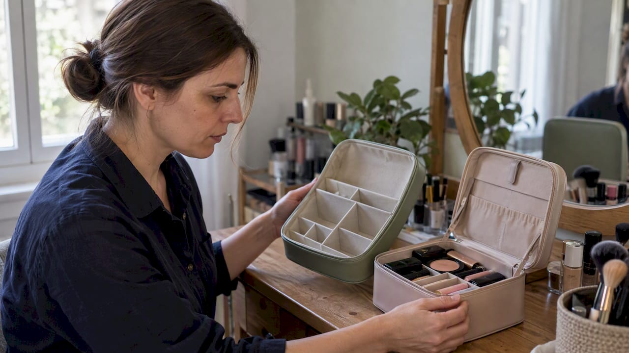 Μια γυναίκα συγκρίνει δύο είδη κουτιών για μακιγιάζ